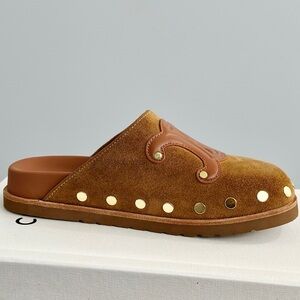 Celine Brown Suede Mules with Gold Accents